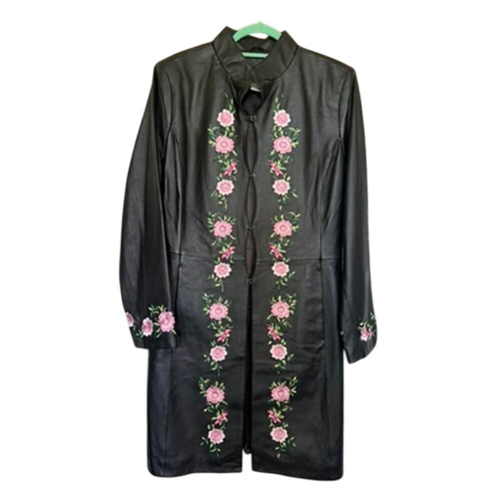 Clifford & Wills Vintage Black Leather Floral Embroidered Duster Trench Coat 14